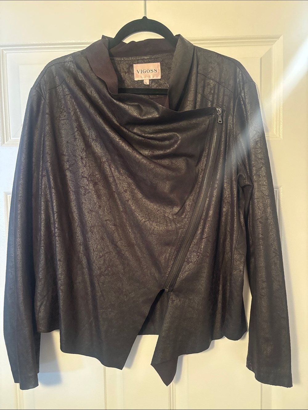 VIGOSS Women's Brown Faux Leather Draped Asymmetrical Jacket